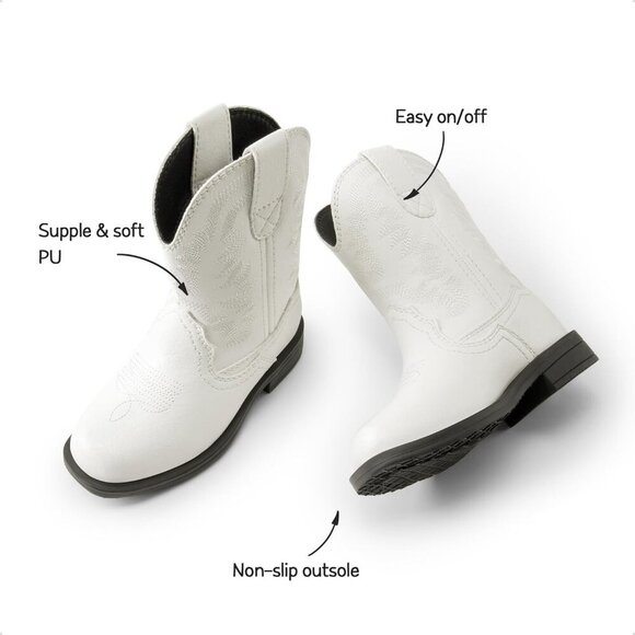 Toddler Boys Girls Cowboy Boots Western Square Toe Mid Calf White Boots Kids - Picture 4 of 6